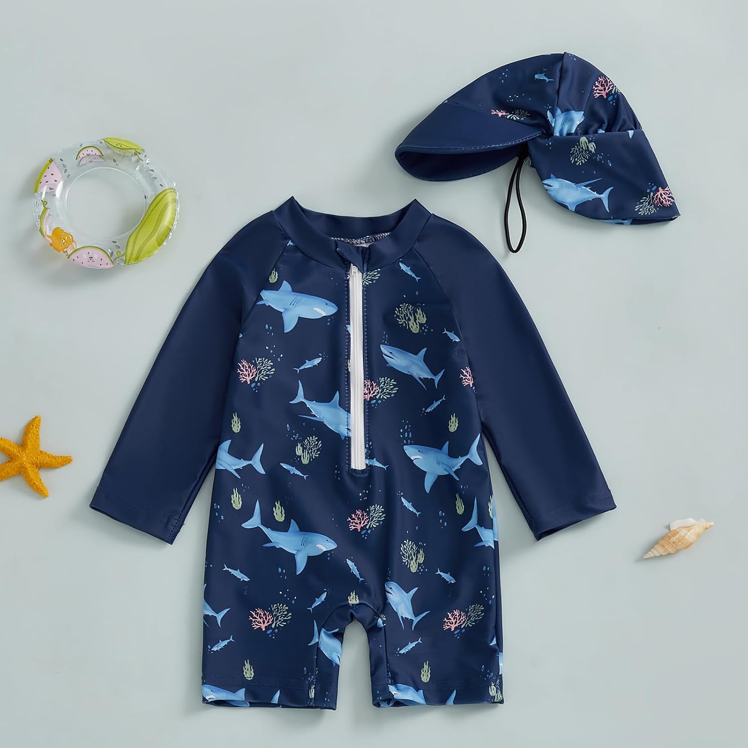 Toddler Boy One Piece Zip Swimwear UPF 50+ Sun Protection One Piece Zipper Bathing Suit Rash Guard Sunsuit with Hat