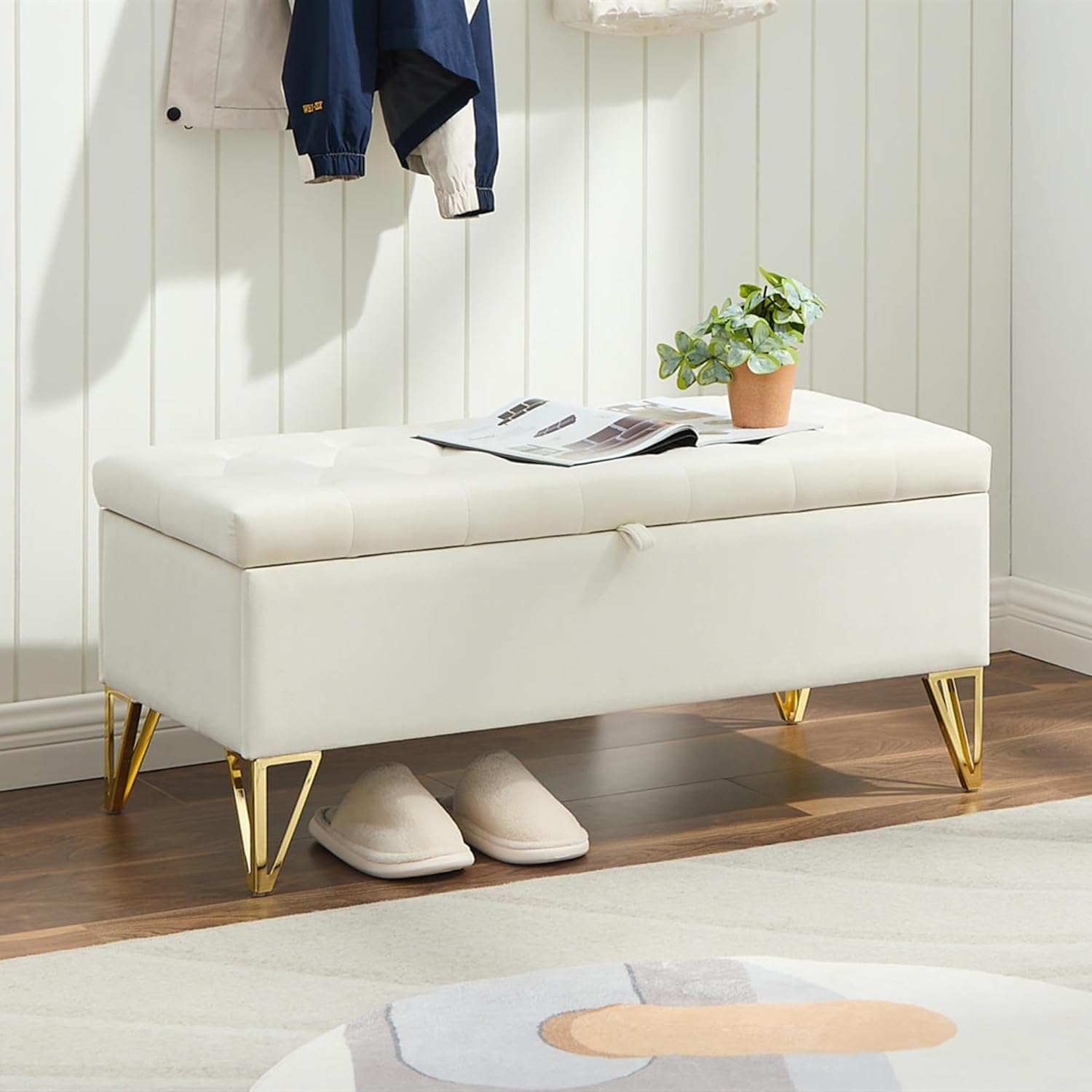 mikibama Velvet Storage Ottoman Bench for Bedroom End of Bed,38.2" Tufted Ottoman Bench with Storage for Living Room,Bed End,Window,Entryway Seat Bench with Golden Metal Legs (Beige, 38.18")
