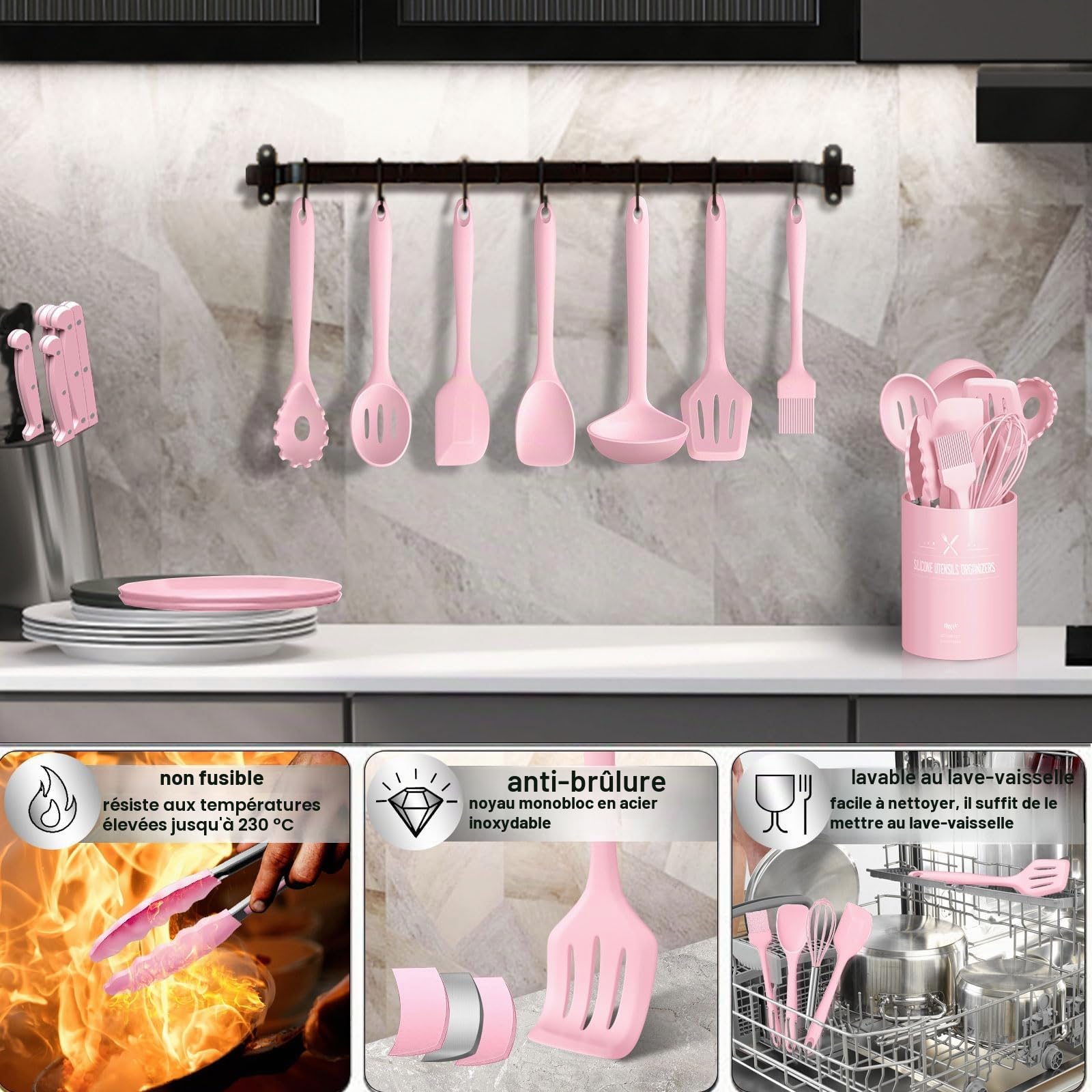 Lot de 22 ustensiles de cuisine en silicone, résistants à la chaleur, avec porte-ustensiles, sains et antiadhésifs, passent au lave-vaisselle, rose