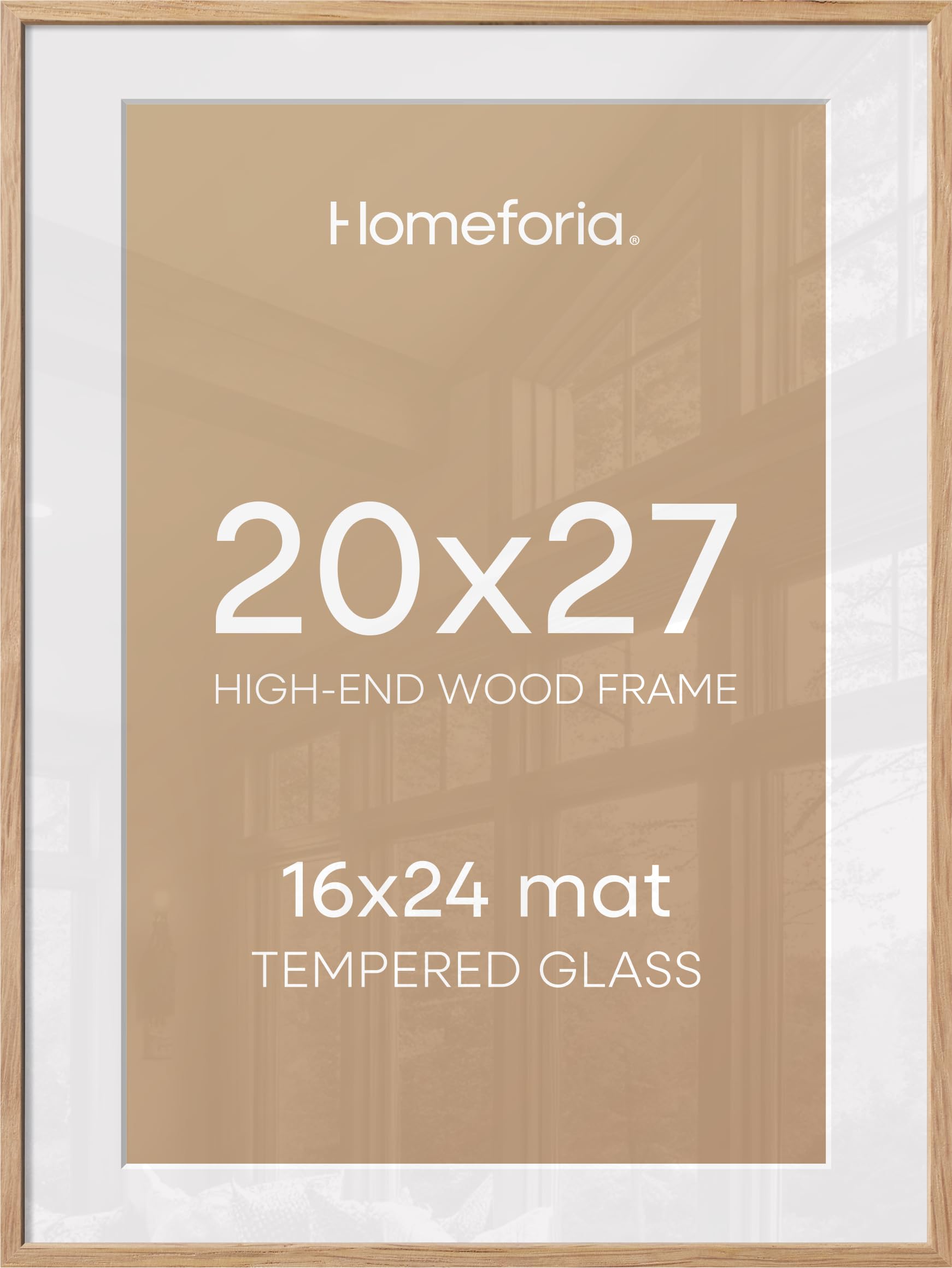 Homeforia 20x27 Picture Frame Natural Wood, High End Oak 20x27 Light Wooden Poster Frame with Mat 16x24, 20 x 27 Frames Matted to 16 x 24 Photo, 27x20 Hanging Frame, Tempered Glass, Wall Kit, Set of 1