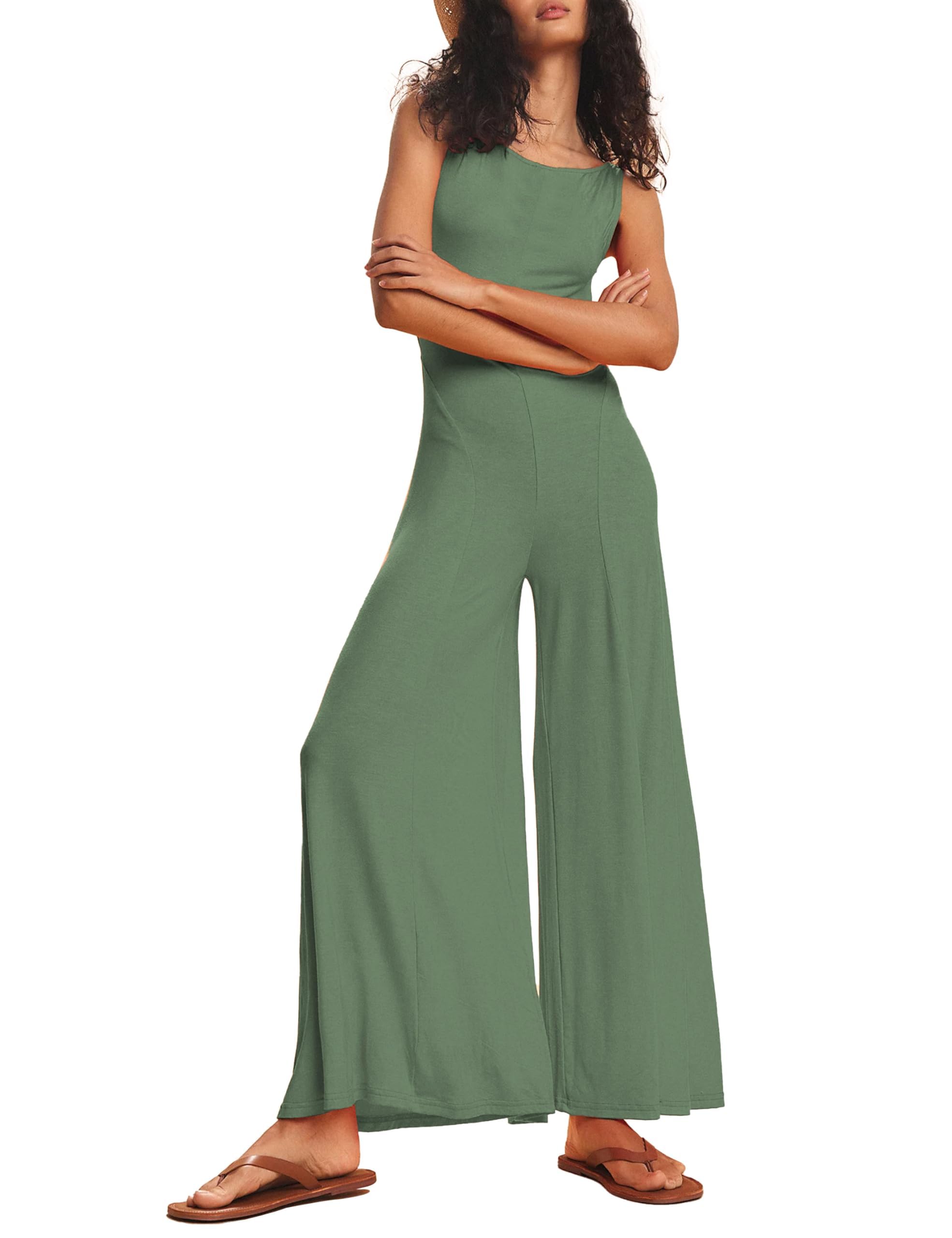 Ynhonra Women’s Sleeveless Jumpsuit Backless Wide Leg One Piece Romper for Summer Casual Style