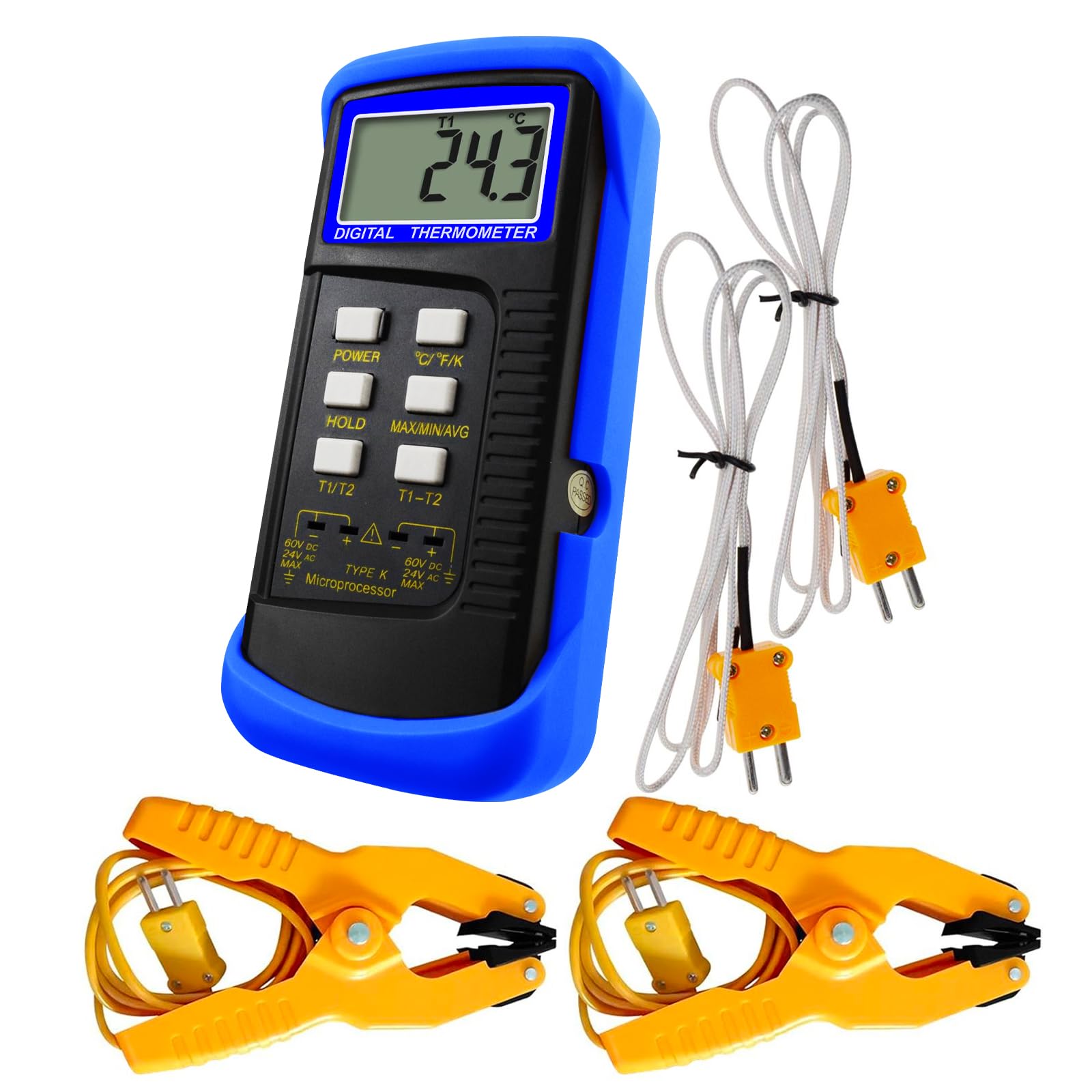 Thermomètre Numérique de type K Thermomètre à Thermocouple à Double Canal avec 2 Thermocouples et 2 Pinces Thermométriques, Plage de Mesure : -50 à 1300 °C (-58 à 2372 °F), Mesure à Haute Température