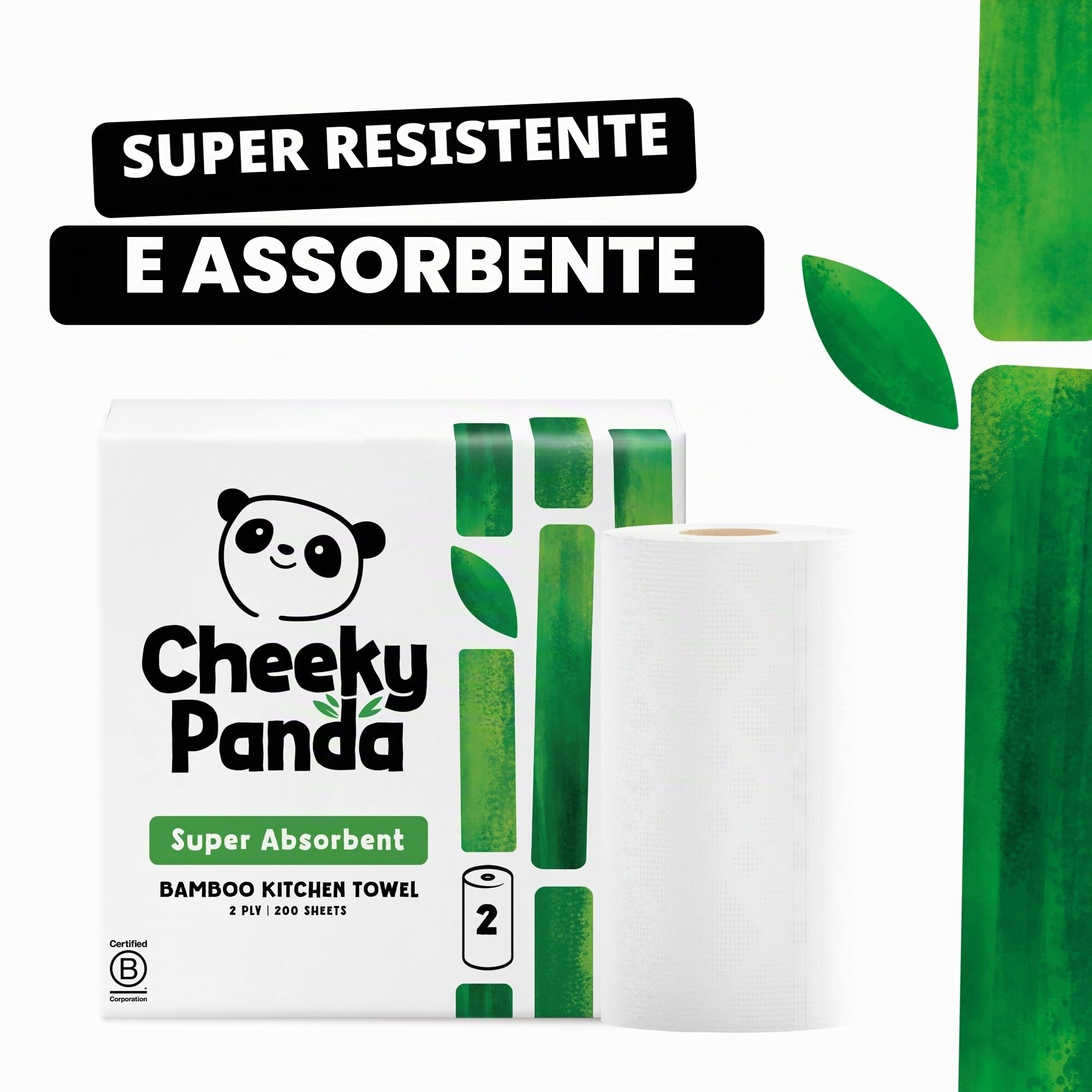 The Cheeky Panda Carta Cucina in Bambù | 10 Rotoli Carta Asciugatutto (5 Confezione da 2 Rotoli) 1000 Fogli Assorbenti a 2 Veli | Carta Casa