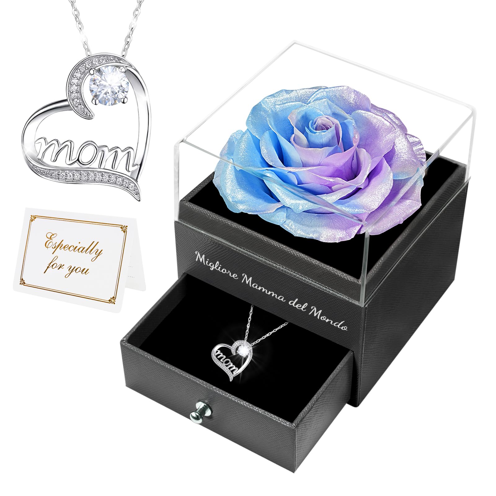 Miofula Festa della Mamma Idee Regalo,Rosa Stabilizzata Vera Regalo Mamma Compleanno,Rosa Eterna con Collana Argento 925 Donna, Migliore Mamma del Mondo, Regali Festa della Mamma, Regalo Collana Donna