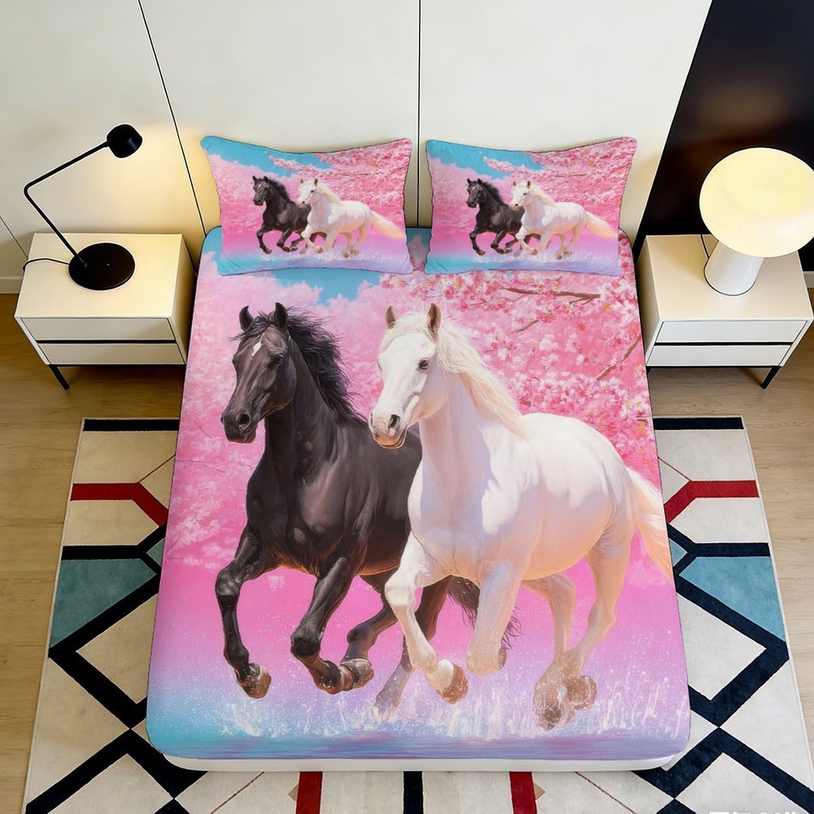 3D Printed Running Horses Fitted Sheet Microfiber Pink Blossom Bed Cover Non-slip Washable for Bedroom Guestroom 90x200x25cm