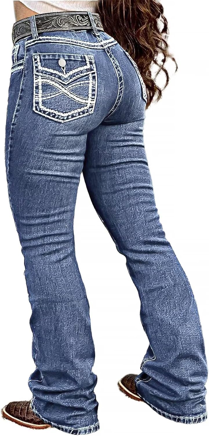 Flamingals Boot Cut Jeans for Women Mid Waist Butt Lifting Tummy Control Embroidered Stretchy Flare Denim Jeans