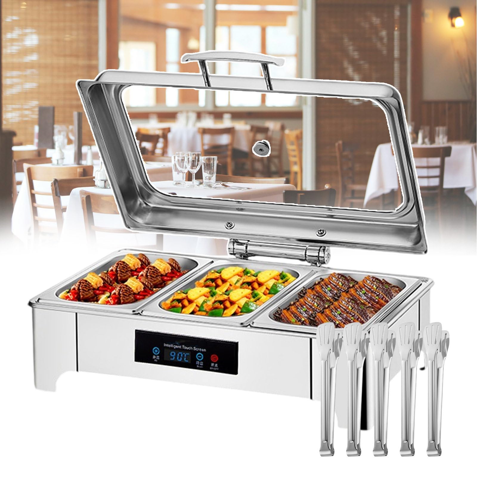 Scaldavivande elettrico a buffet, 400 W, in acciaio inox, con coperchio trasparente, 3 griglie, facile da pulire, struttura resistente