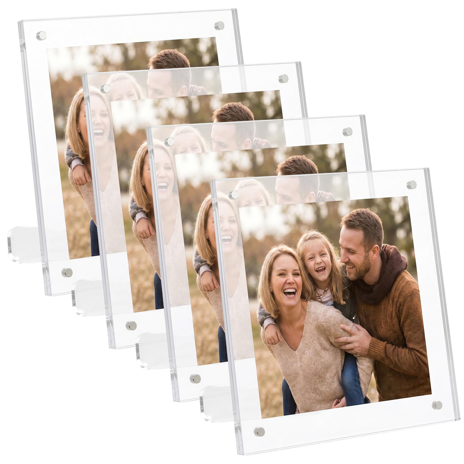 4 Pack 4x4 Inch Magnetic Acrylic Picture Frame, Clear Acrylic Picture Frames, Square Picture Frame Set, Frameless Magnetic Photo Display Rack for Desktop Display and Trendy Home Gift (Square)
