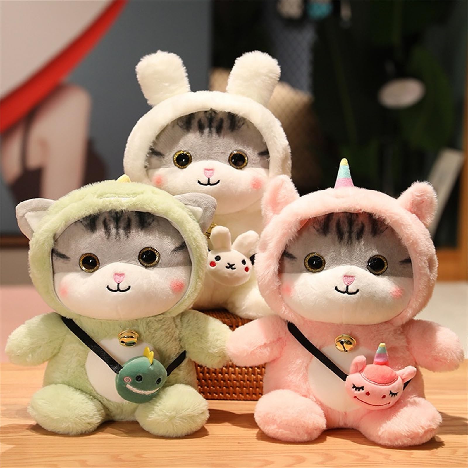 champracer Katze Plüschtier, Cartoon Katze Tier Stofftier Plüsch Puppe, gekleidet in Dinosaurier Kostüm Weiche Kuscheltiere, Süße Katze Kuscheltier für Kinder Jungen Mädchen Geschenk (35 cm,Einhorn)