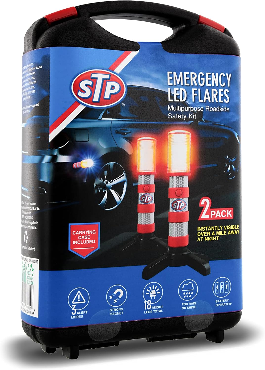 STP Emergency LED Road Flares, 3 Separate Lighting Modes: Flashing Red, Solid Red and White Flashlight, Visible From Up To A Mile, Foldable Stands/Built-In Magnet Sticks To Car