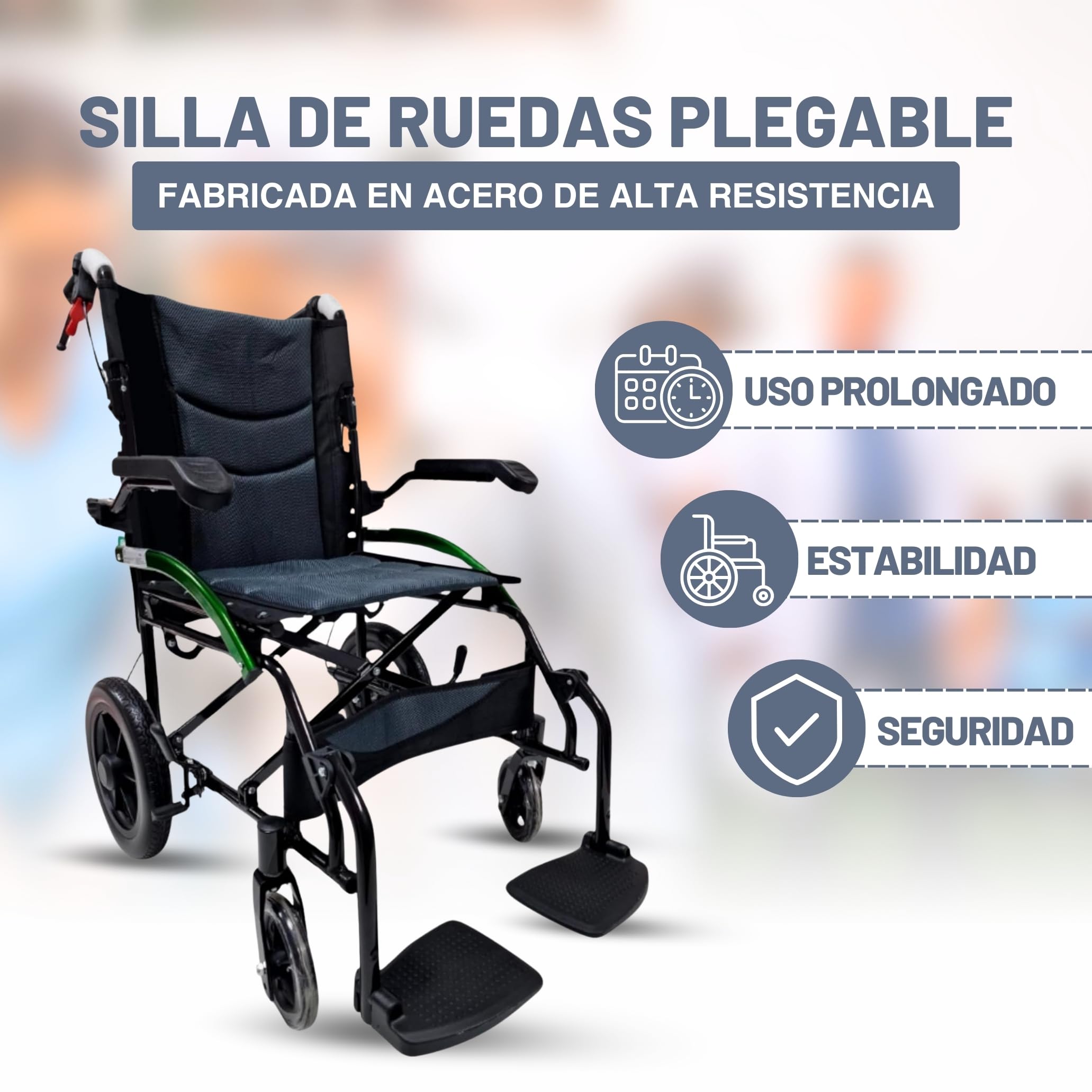 Inko Mobility Silla de Ruedas Plegable Ligera, Estable y Segura, Silla de Ruedas de Paseo para Adultos, Ancianos y Mayores, Dispositivo Antivuelco Incluído, Estrecha y Resistente, Wheelchair