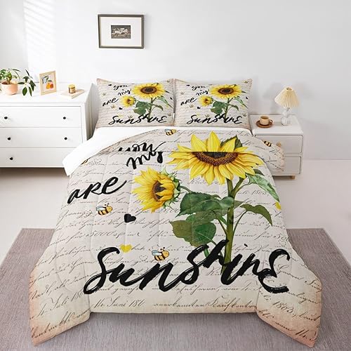 Miniatura 5 de Castle Fairy Juego de edredón de girasol, tamaño Queen, ropa de cama rústica de abeja de granja de 3 piezas para niños, adolescentes y adultos,