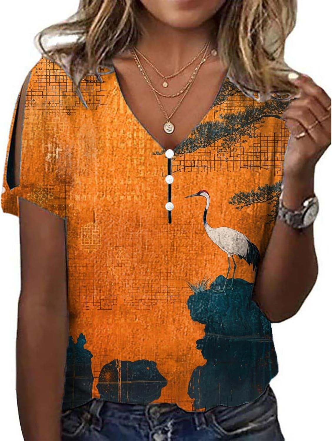 domirica Japanese Art Women Tops 2025 Summer Holiday Short Sleeve Cold Shoulder V Neck Button Casual Blouses