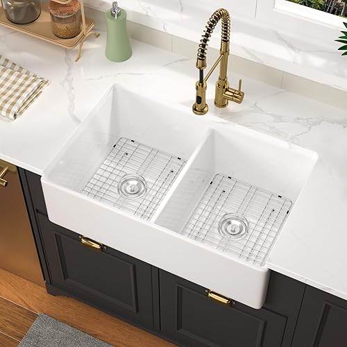 Farmhouse Sink -GhomeG 32 Inch White Fireclay Apron Front Kitchen Sink Double Bowl 9 Inch Deep Ceramic Farm Sinks 32x20 Kitchen Sinks