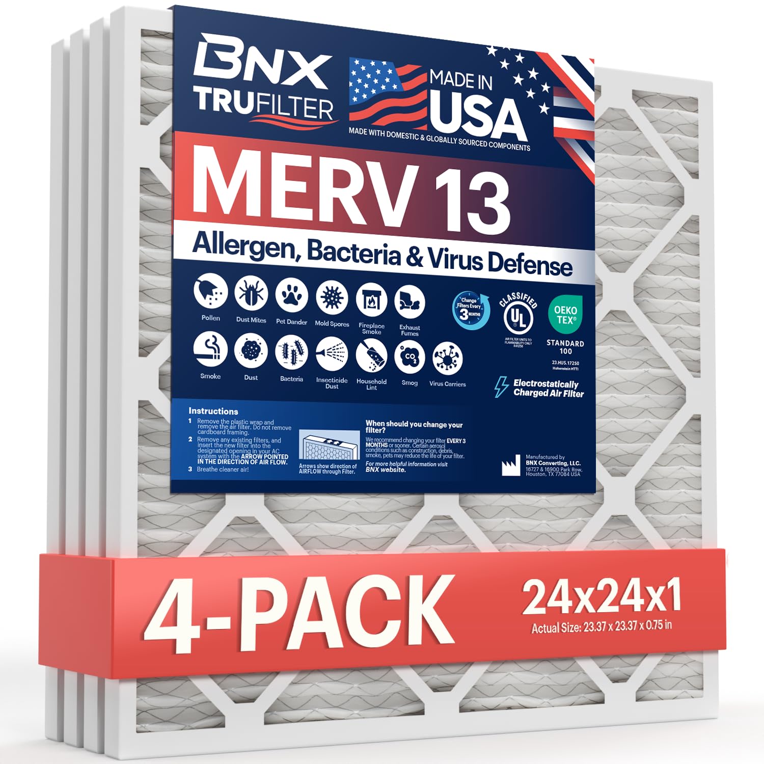 BNX TruFilter 24x24x1 MERV 13 4-Pack