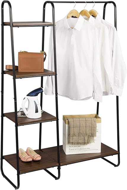 eSituro Heavy Duty Clothes Rail, Sturdy Metal Coat Rack with 4 Standing Bookcase Shelves Unit Wood Shoe Rack Brown