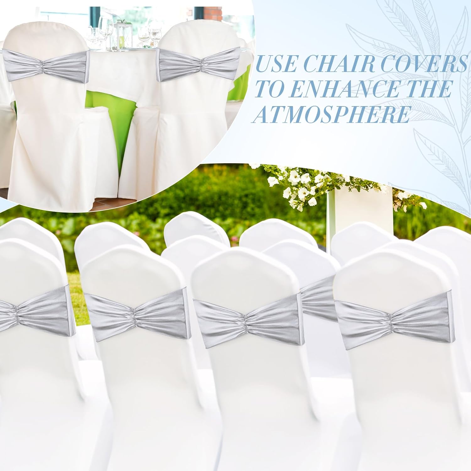 Hahafelt 50 pcs Chair Sashes Shiny Bow Spandex Bands for Dining Chair Slipcover Wedding Banquet Parties Reception Restaurant Decoration, Silver