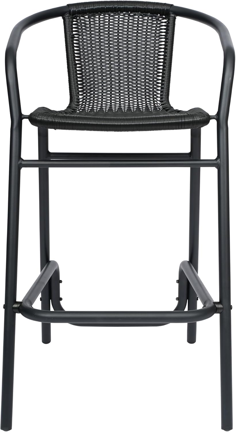 Flash Furniture Lila Commercial Grade Rattan Indoor-Outdoor Commercial Restaurant Barstool - Rattan Seat and Back - Footrest - Black - 2 Pack