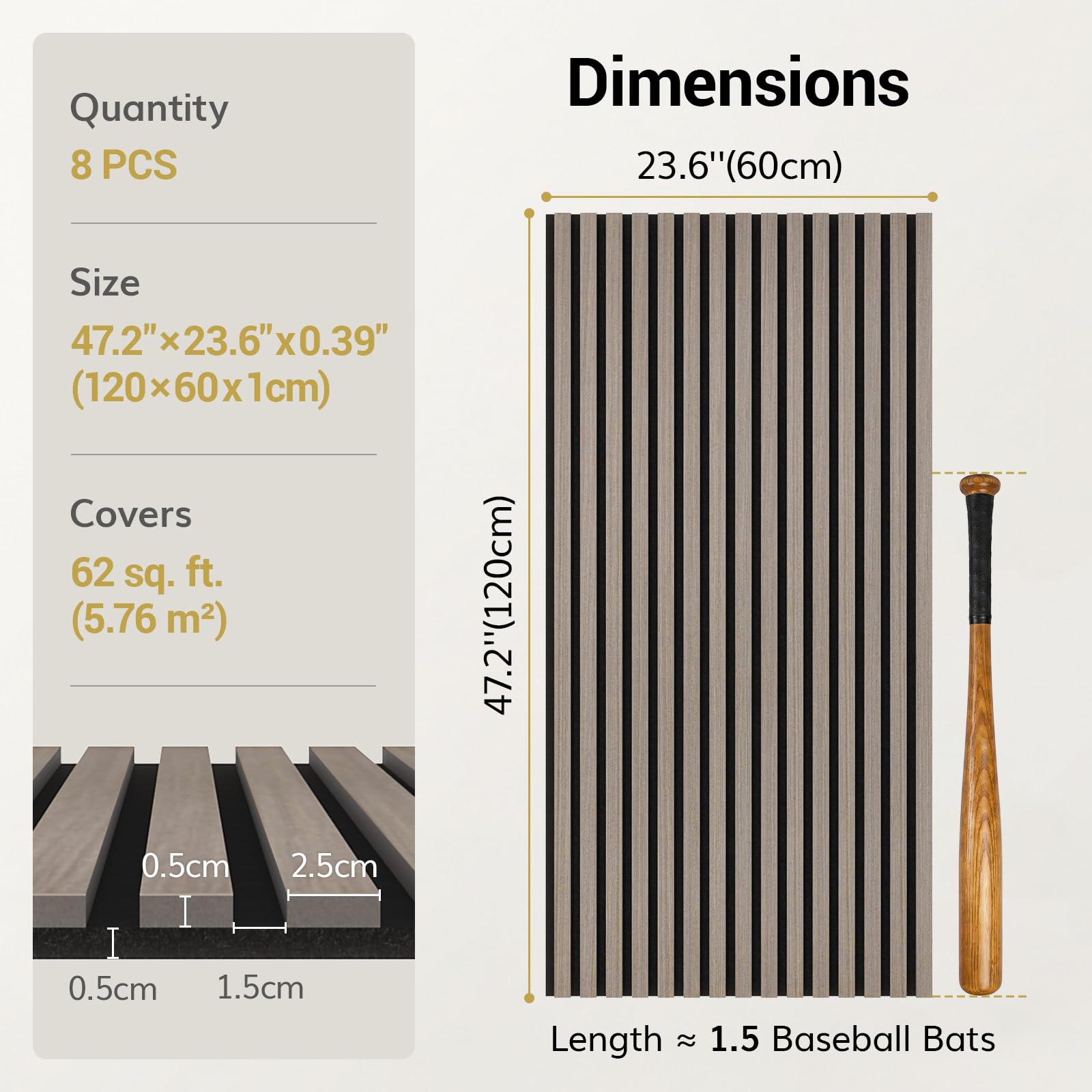 TONOR 8-pak drewnianych paneli akustycznych, 120 cm x 60 cm – 5,76 m², panele ścienne drewniane do ścian, panele drewniane do izolacji akustycznej i dekoracji do studia, mieszkań, sypialni i biur
