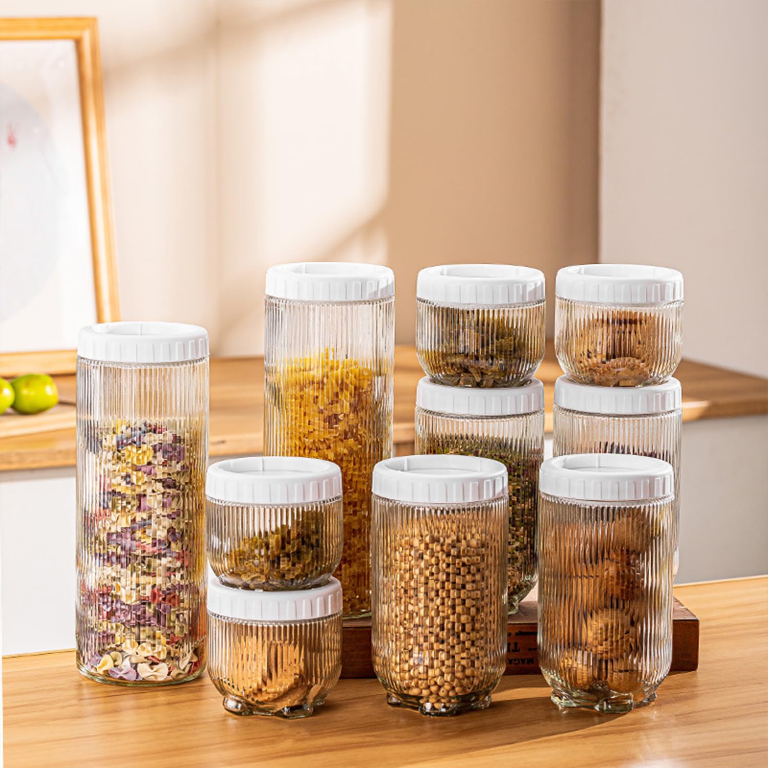 BEROZA 10-piece set of glass spice jars, round glass storage jars with lids, food grain storage spice containers, suitable for noodles, flour, cereals, rice, sugar, tea, coffee beans (C)
