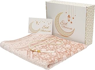 Modefa Muslim Prayer Rug Islam - Ramadan Gifts Set with Prayer Mat & Tasbih Prayer Beads - Soft Plush Islamic Gifts for Women Muslim Gifts for Men - Luxury Velvet Gift Box Set (Light Pink)