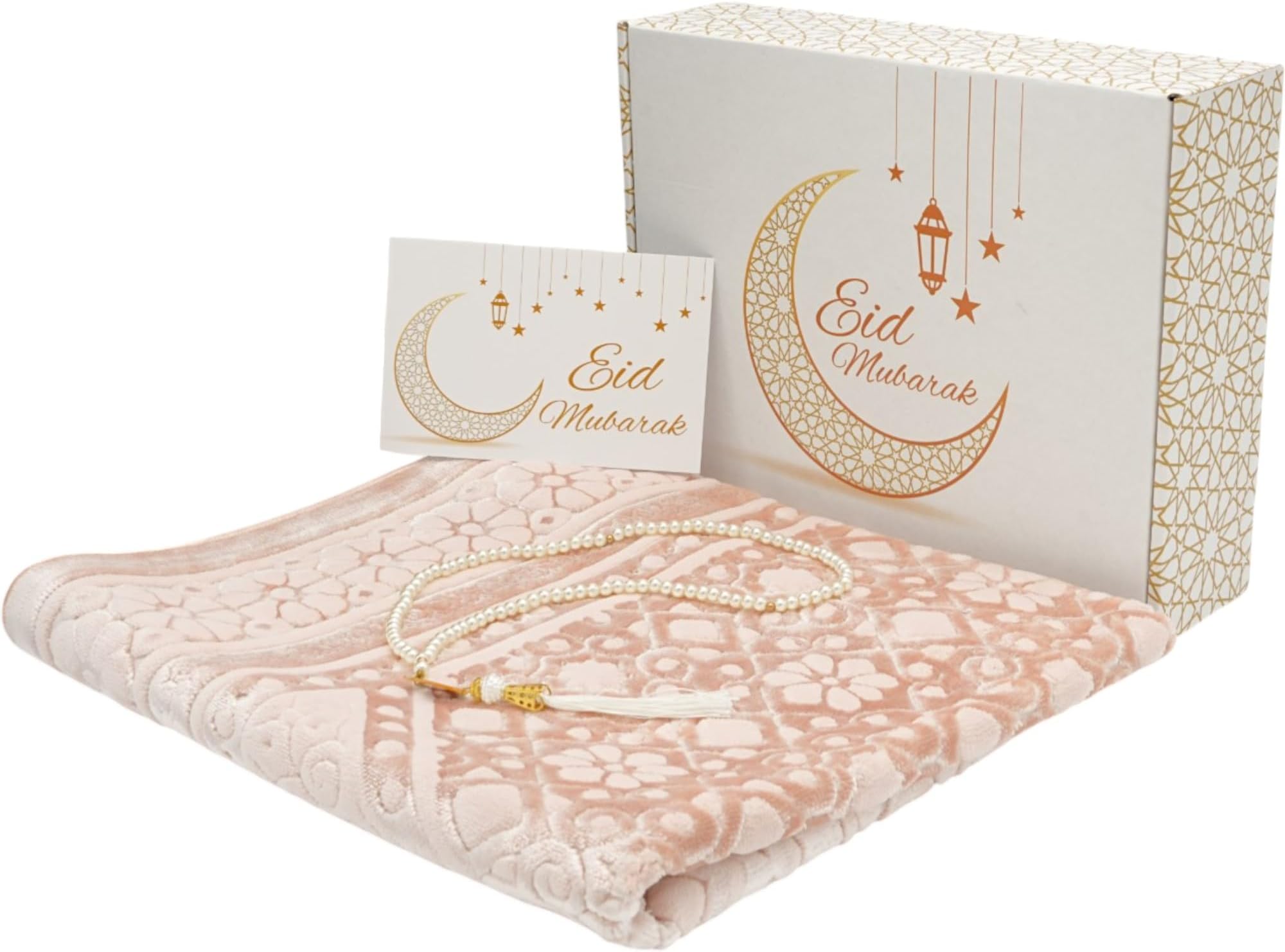 Modefa Muslim Prayer Rug Islam - Ramadan Gifts Set with Prayer Mat & Tasbih Prayer Beads - Soft Plush Islamic Gifts for Women Muslim Gifts for Men - Luxury Velvet Gift Box Set (Light Pink)