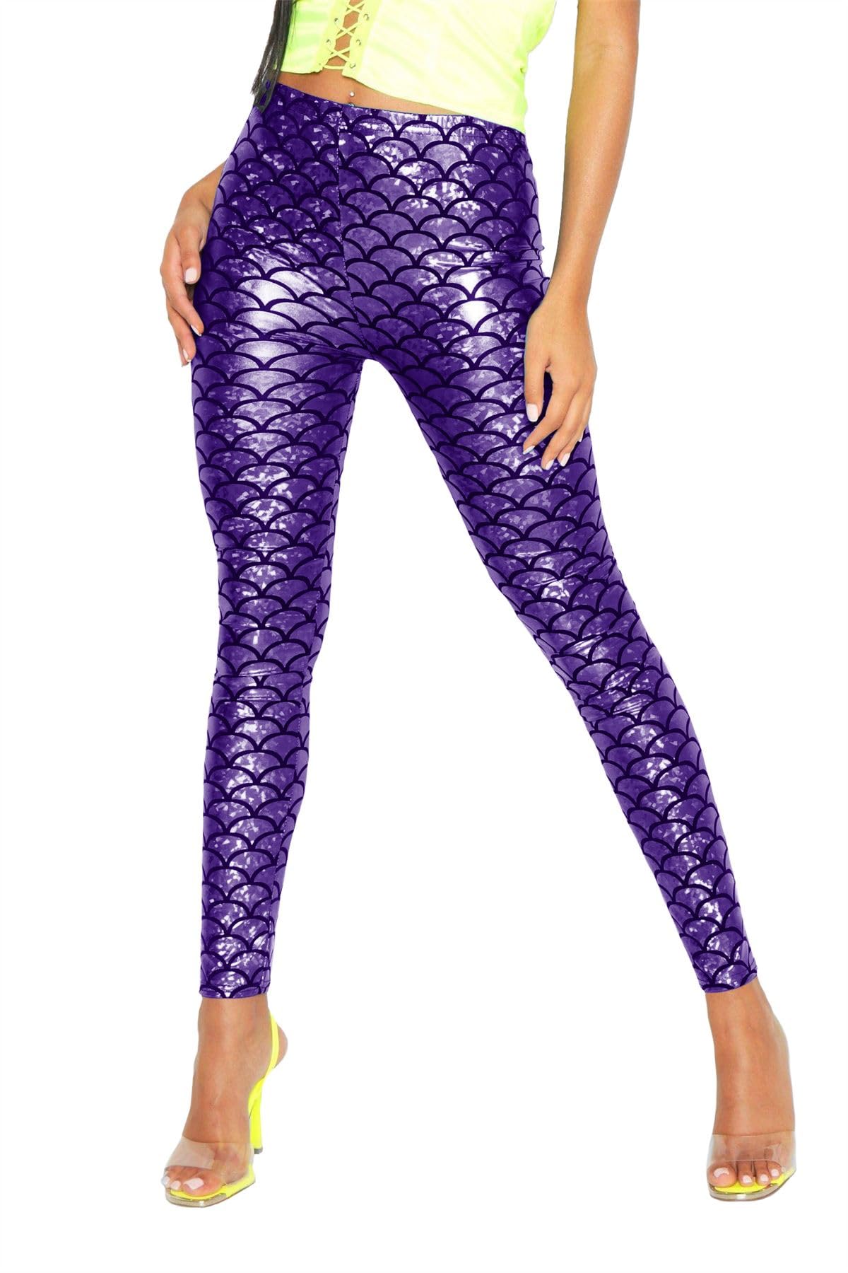 FASHION 7STAR Ladies Fancy Dance Party Mermaid Metallic Legging Girls Stretchy Tight Disco Fish Scale Printed Full Length Leggings Pants Purple