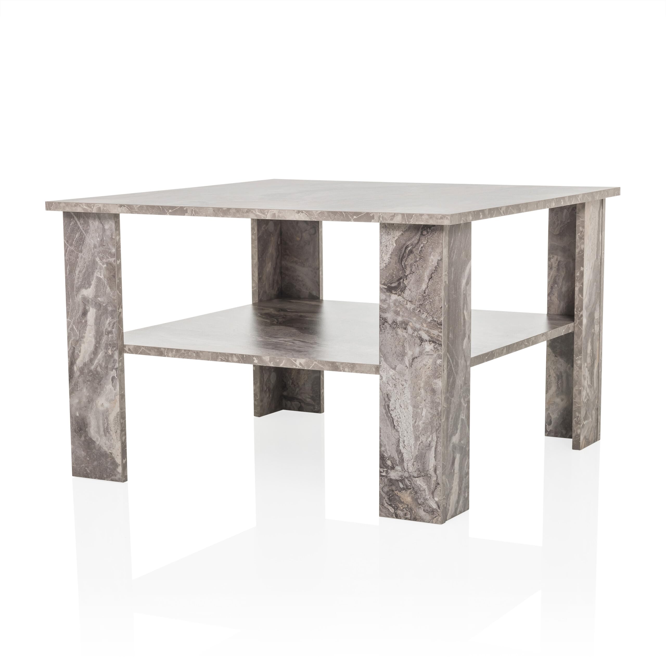 Couchtisch in Marmor-Optik 70x70 cm BISMO Wohnzimmertisch mit zusätzlicher Ablagefläche, Moderner Beistelltisch Quadratisch, Grau