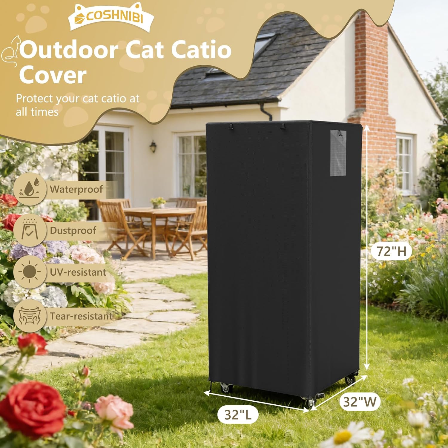 COSHNIBI Outdoor Cat Catio Cover, Waterproof Cat House Cover Fits for Large Cat Houses & Condos, Cat Enclosure Covers Black-32''L x 32" W x 72" H