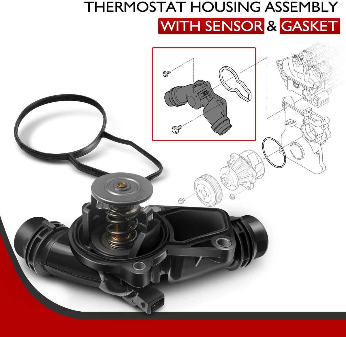 A-Premium Thermostat Housing Assembly with Sensor and Gasket Replacement for BMW E39 E46 320i 325i 328i 525i 528i 530i X3