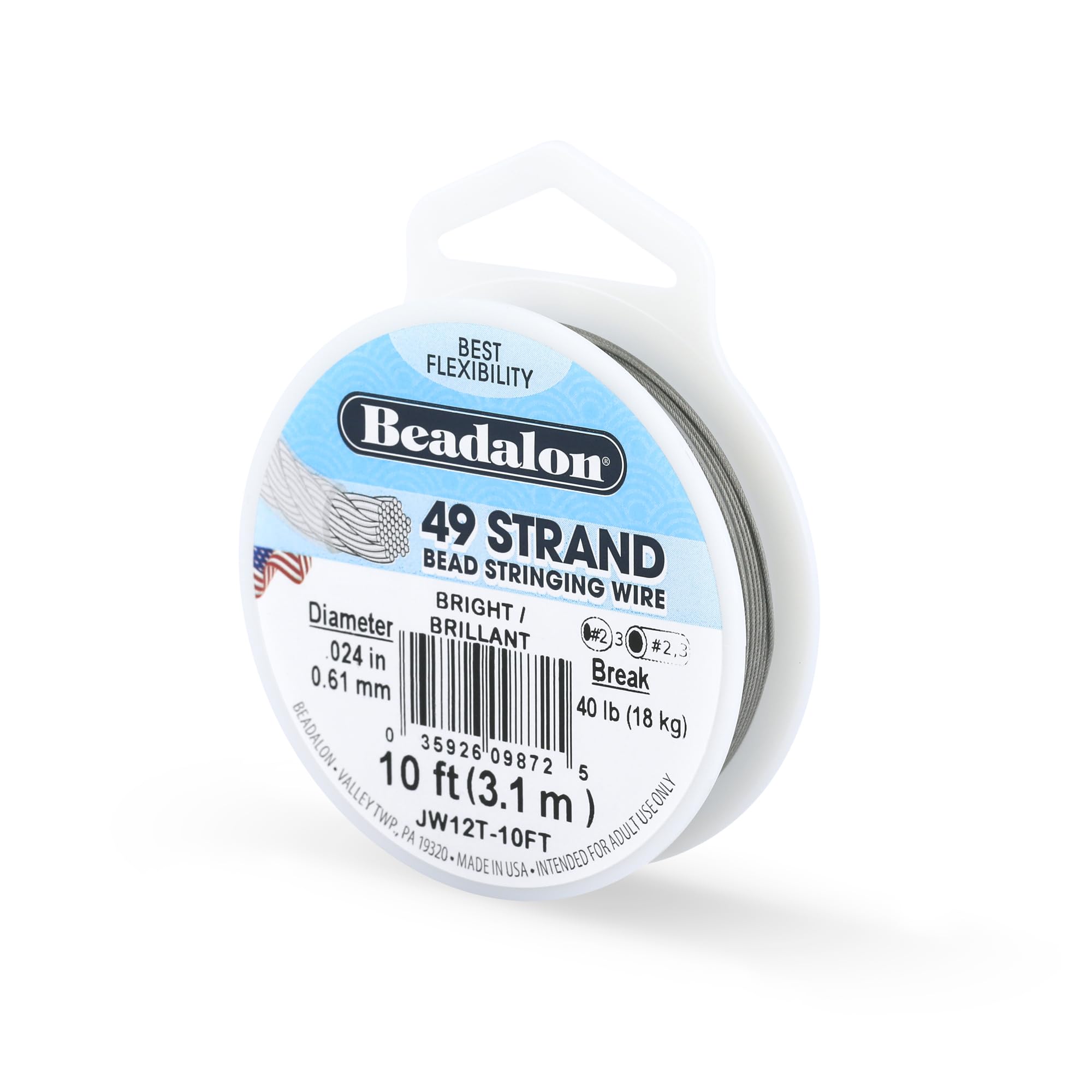 Beadalon 49 Strand Stainless Steel Bead Stringing Wire, .024 in / 0.61 mm, Bright, 10 ft / 3.1 m