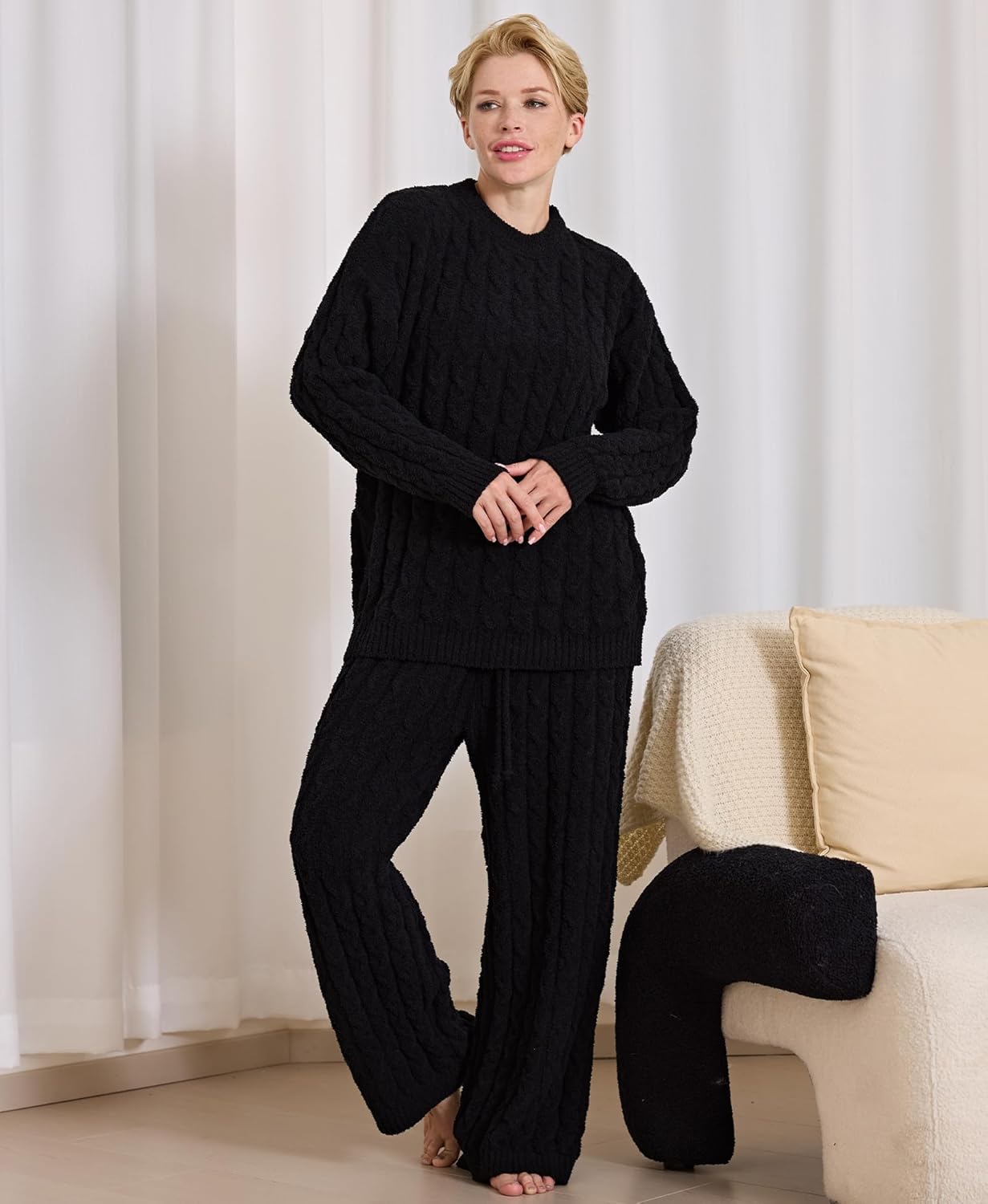 Womens Fleece 2 Piece Pajamas Flannel Fluffy Pullover Pajama For Women Cozy Lounge Set Warm Knit - Image 6