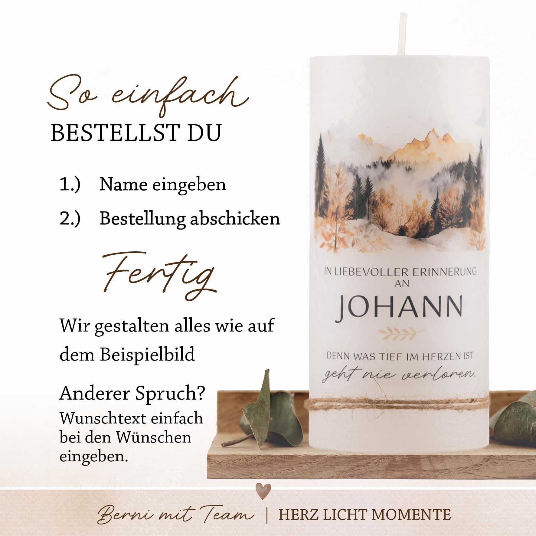 Personalisierte Trauerkerze mit Name und Wunschtext | moderne Rustikkerze | Gedenkkerze | Erinnerungskerze | Individuelle Kerze zum Abschied | Berge Wald Meer (Wald, Klein - 7x15cm)