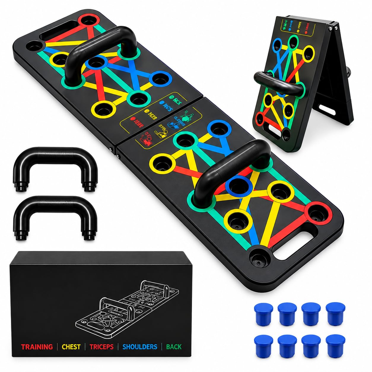 push up board, foldable multi-function fitness training board | chest, triceps, shoulders, colour-coded positions, foldable design, home workout, includes handles