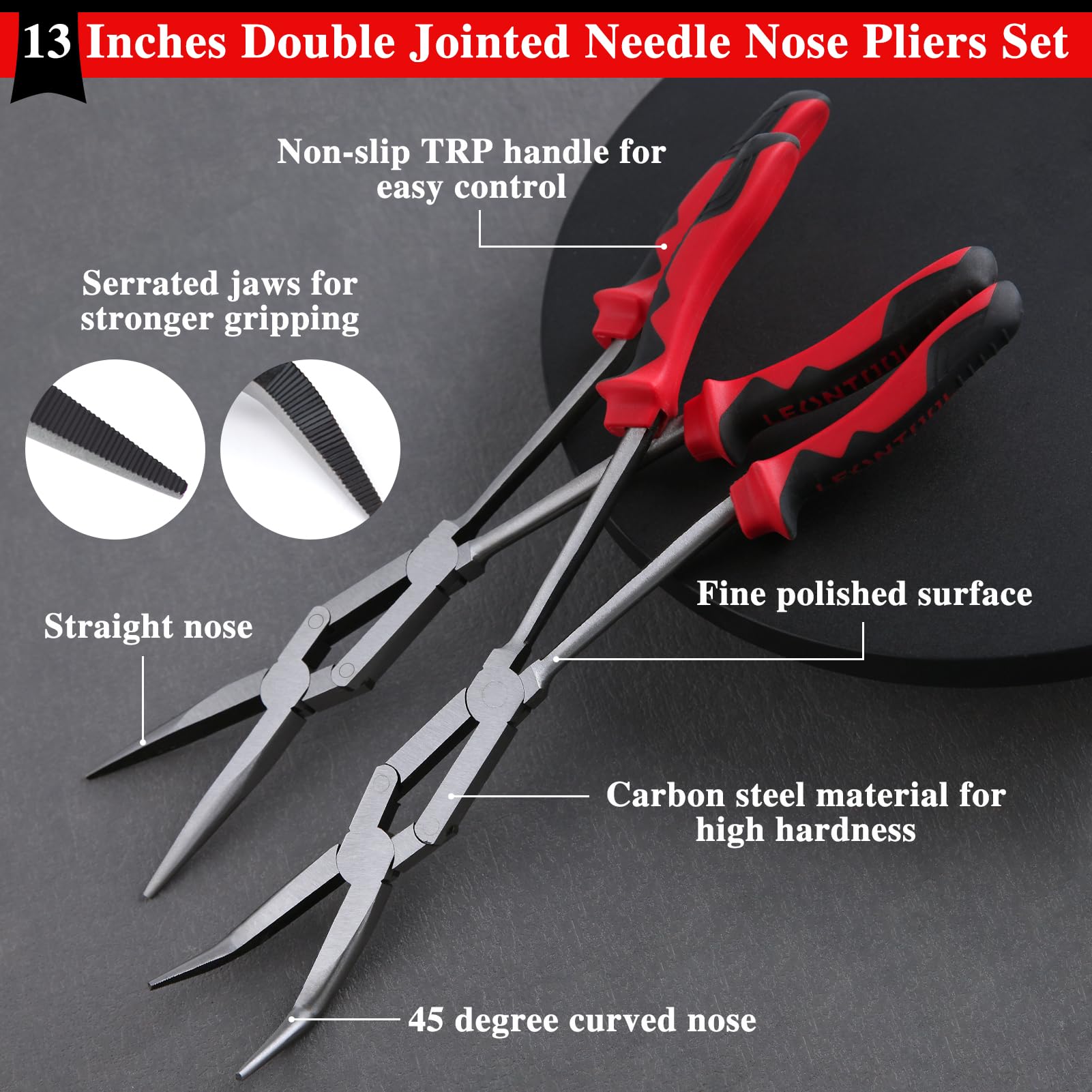 LEONTOOL Lot de 2 pinces à bec effilé droites et coudées à 45 degrés à double articulation - Pince à bec effilé extra longue avec mâchoire crantée