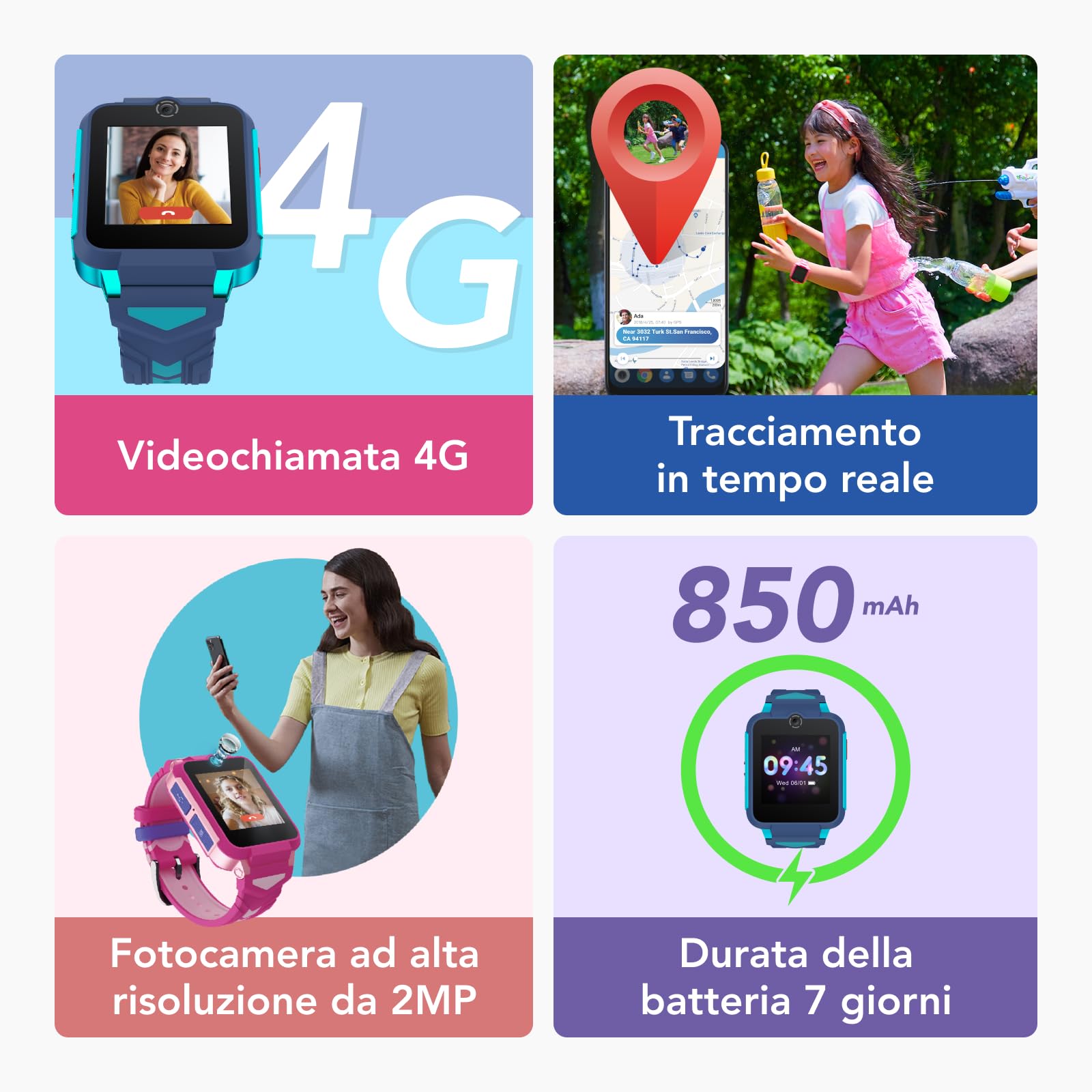 TCL MOVETIME Family Watch 2 - Smartwatch 4G per bambini, GPS, videochiamate, monitoraggio dell'attività fisica, blu