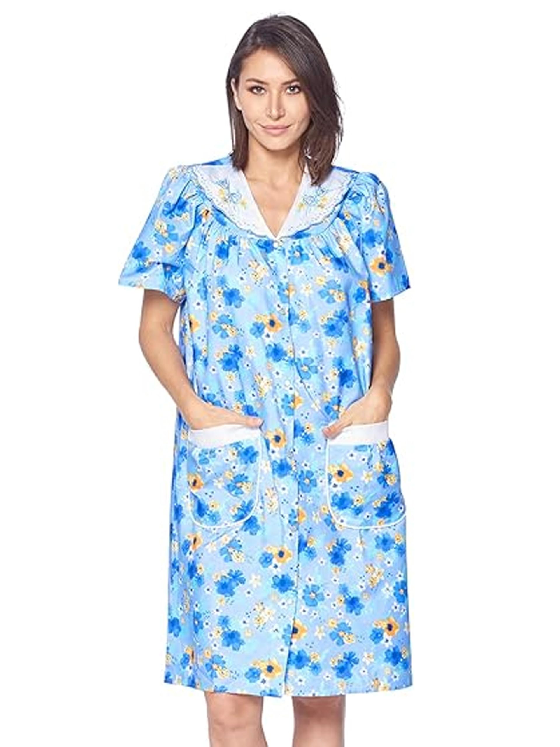 Casual Nights Women's Snap - Front House Dress Short Sleeve Woven Housecoat Duster Lounger Robe with Pockets