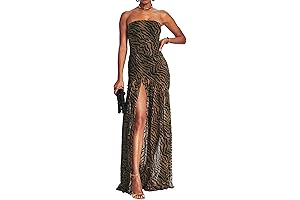 Women's Sexy Slim Dress Tube Top High Slit Leopard Print Long Maxi Dress