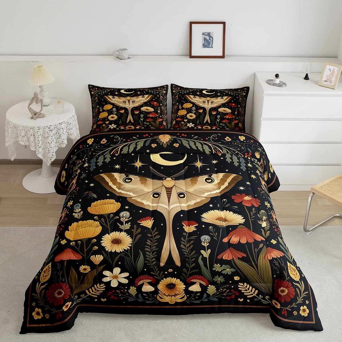 Homemissing Kołdra Moth King Size Sun Moon zestaw pościeli dla dzieci chłopców dziewcząt wystrój boho egzotyczny kwiatowy oddychający miękki lekki mikrofibra boho usta sypialnia dekoracja pościel