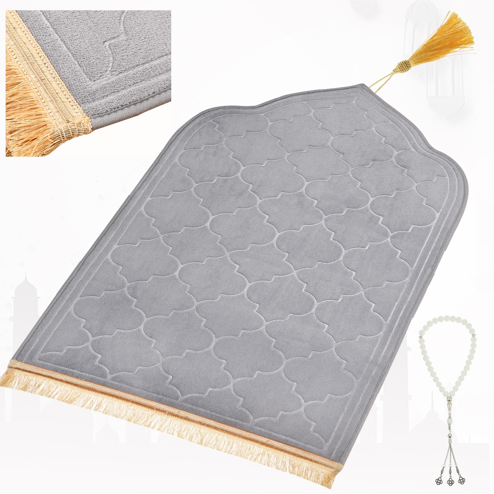 FUMMI Muslim Prayer Rug, Non-Slip Soft Islamic Prayer Mat for Men & Women, Elegant Janamaz with Tasbih Beads (Grey)