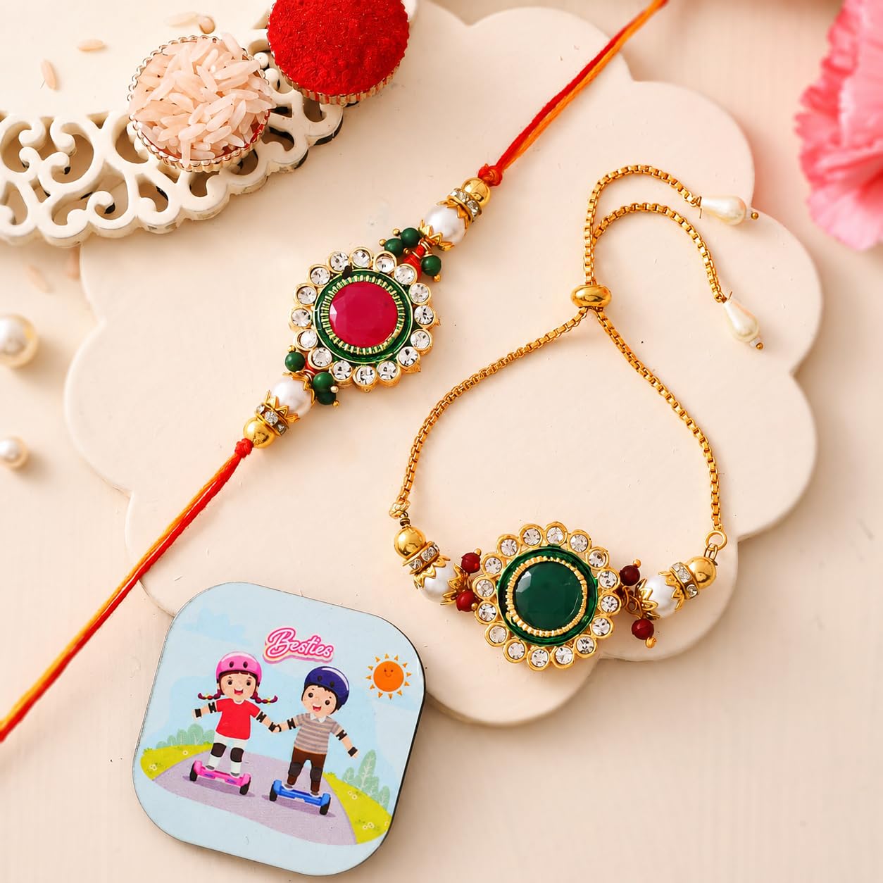 CraftVatika Rakhi for Brother Bhabhi Gift Combo, Kundan Rakhi with Fridge Magnet, Couple Pair Rakhi for Bhaiya Bhai Bhabhi, Set of 2 Kundan Rakhi for Men Women Tilak Set