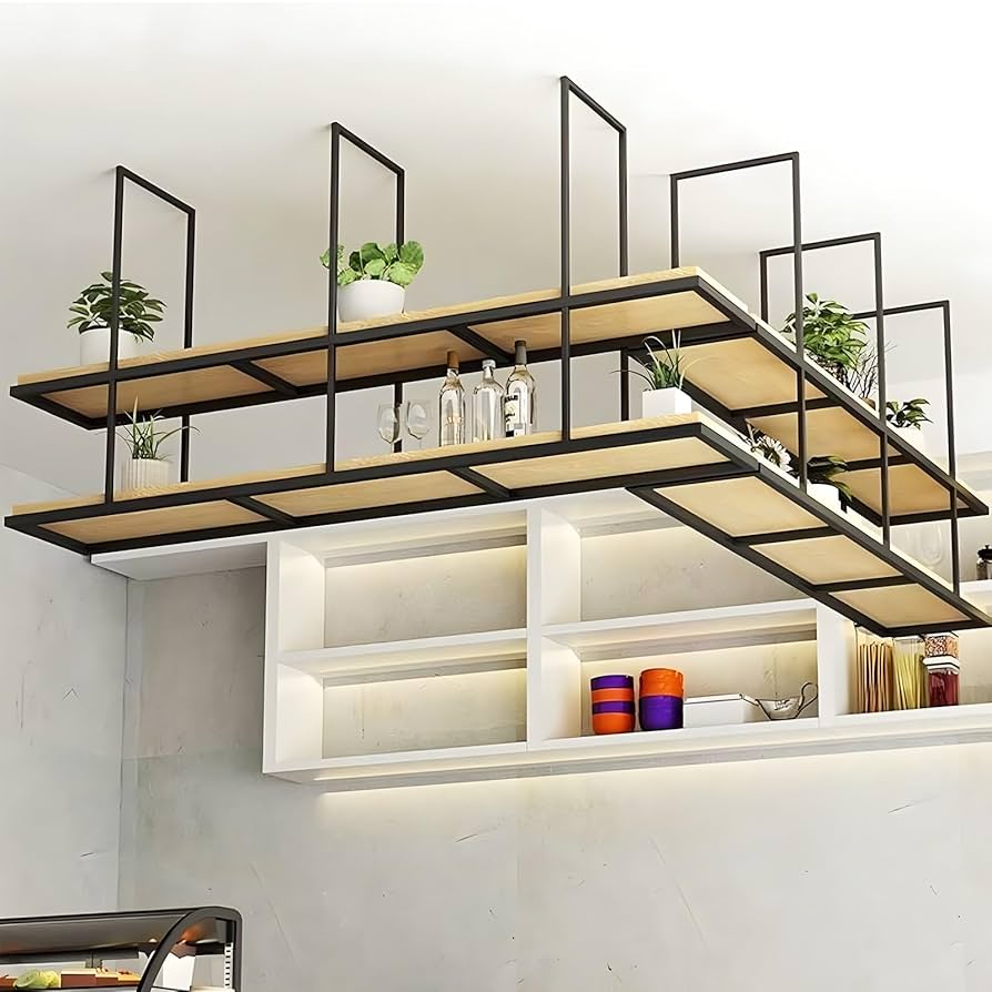 キッチン収納・ラック Round Wooden Ceiling Rack Amazon.com: GJAGXQ Ceiling Shelf Mounted Floating Suspended