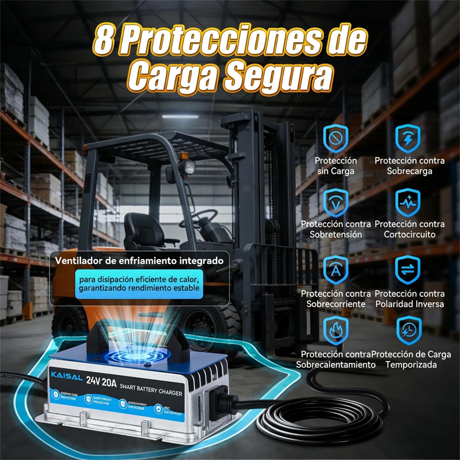 KAISAL 24V 20A Cargador de Batería Carretilla Elevadora, 24 V Cargador con Conector Anderson, Cargador de Mantenimiento Automático para 24 V Baterías de Plomo