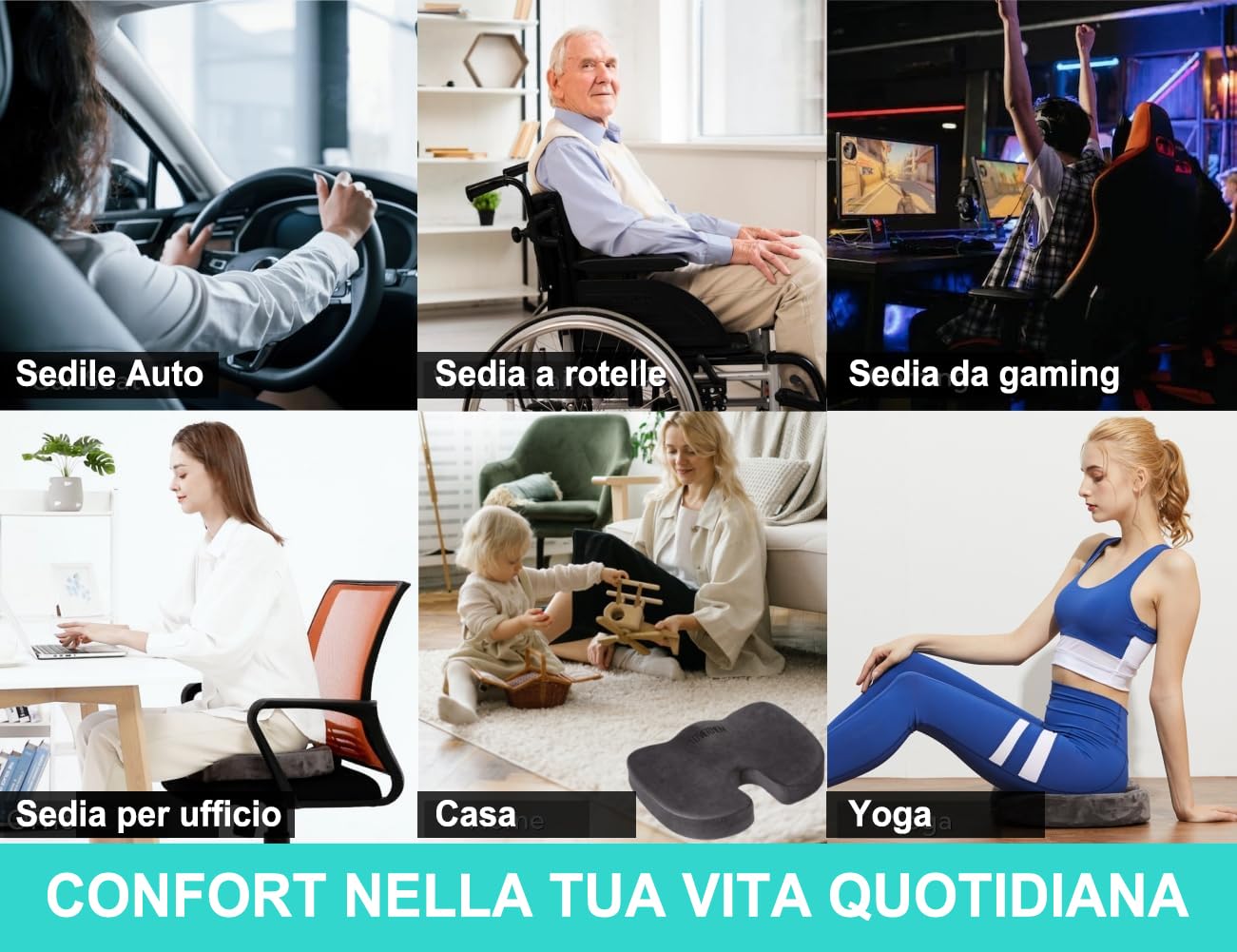 foverhom Cuscino in gel per seduta lunga, cuscino per sedia da ufficio per alleviare il dolore al coccige, ortopedico antiscivolo a 50 densità, memory foam a rimbalzo lento, cuscino per seggiolino
