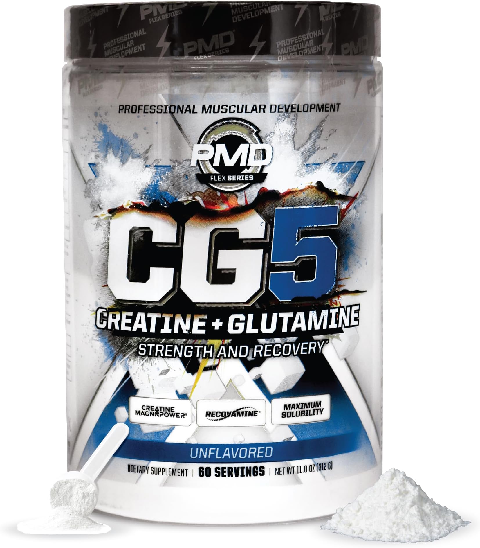 PMD Sports CG5 Premium Creatine & L Glutamine Powder, Power Recovery, Build Lean Muscle, Increase Workout Performance, Maximum Strength Pre Workout & Post Workout, Unflavored, 60 Servings