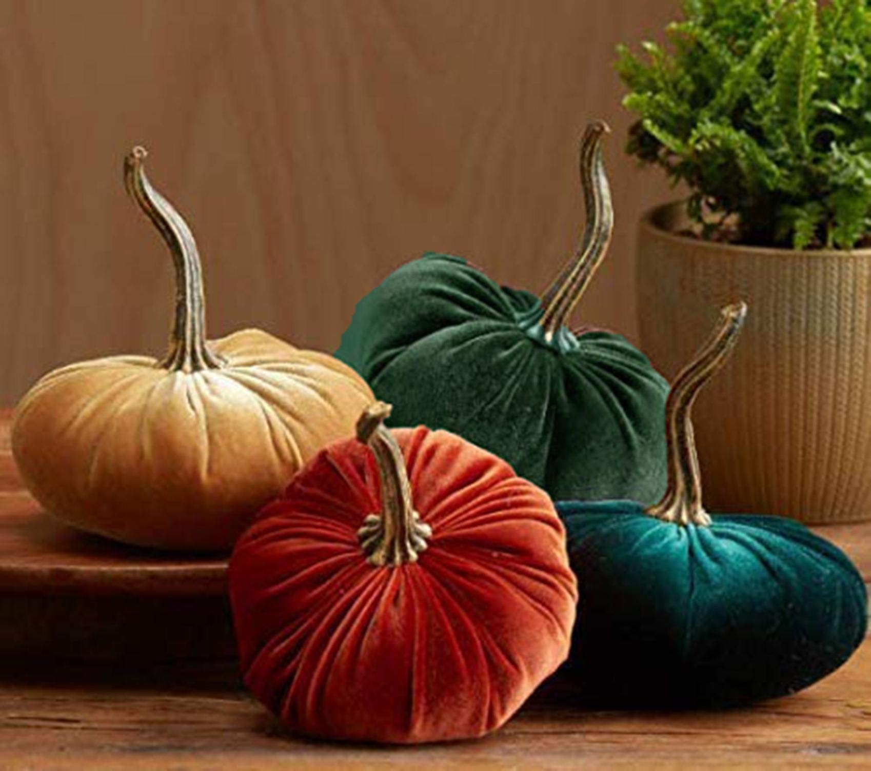 4PCS Velvet Pumkins for Decorating, Rustic Faux Velvet Pumpkins with Real Stems Fabric Pumpkins Foam Pumpkins for Fall Decorations Wedding Harvest