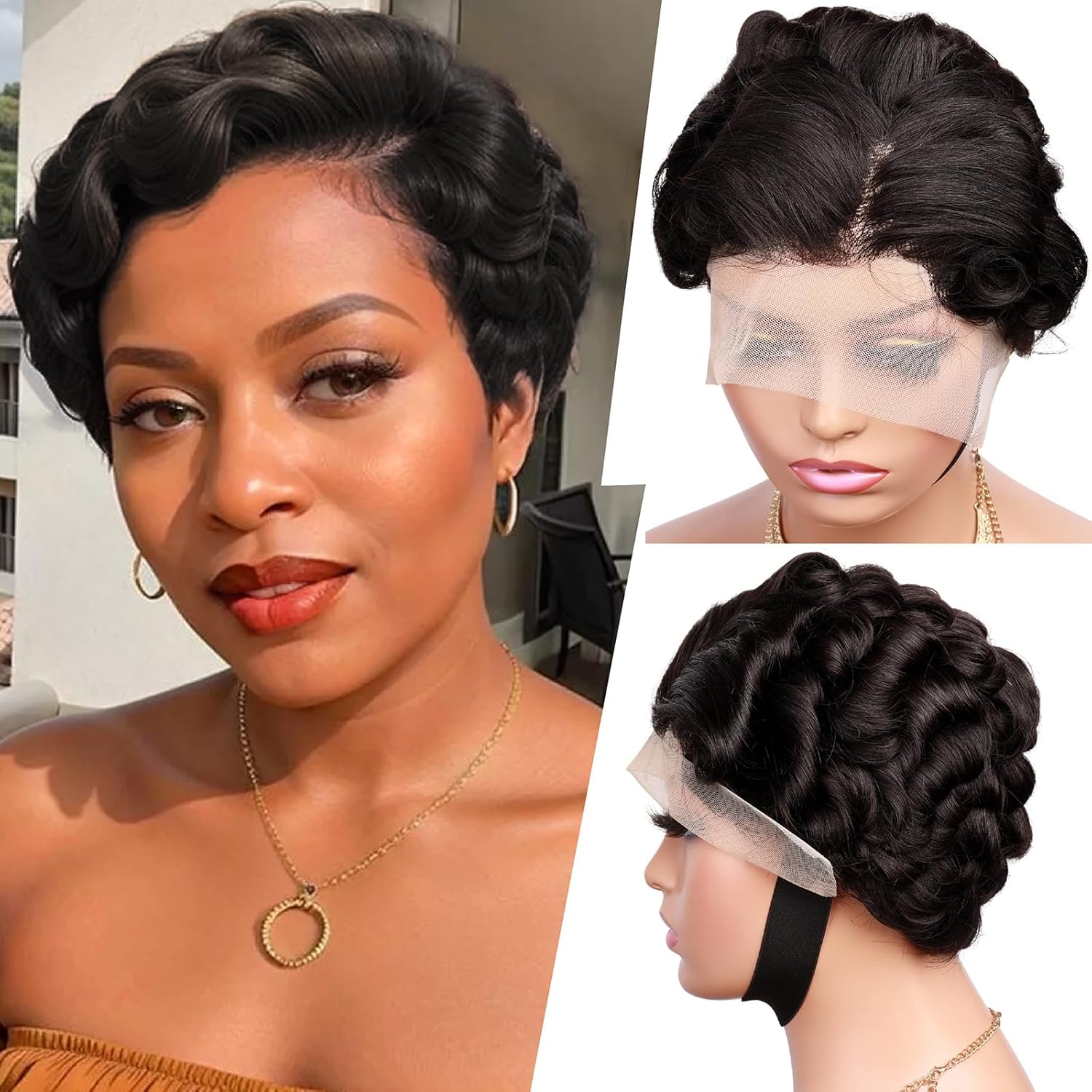 Curly Wavy 13x4 Lace Front Pixie Cut Wigs 100% Human Hair Body Wave Short Wig for Black Women, 13x4 HD Lace Frontal Wig Pre Plucked Elegant Loose Deep Curly Wave Pixie Cut Finger Wavy Mommy Wigs Black 13x4 Lace Front Curly Wave Wig