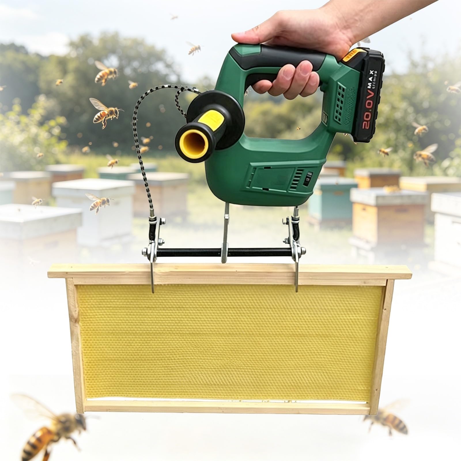Attrezzatura per La Scuotitura Di Arnie, Elettrico Di Api, Scuotifavo Senza Fili a Doppia Impugnatura, 600-2000 Bpm, 9 Velocità, Morsetto Di Sicurezza per Telaini Da 25-30 Mm(Green,2*Battery)