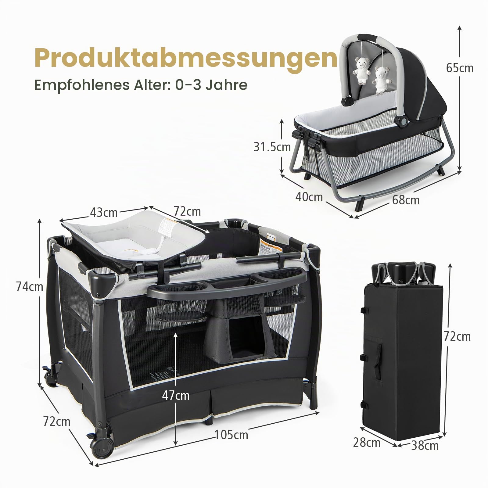 LIFEZEAL Babybett Faltbar mit Windelhalter & Tragetasche, 4 in 1 Abnehmbares Reisebett mit Matratze & Wickelauflage, Kinderreisebett mit Spieluhr & Puppe, Babywiege für 0-36 Monate (Grau)