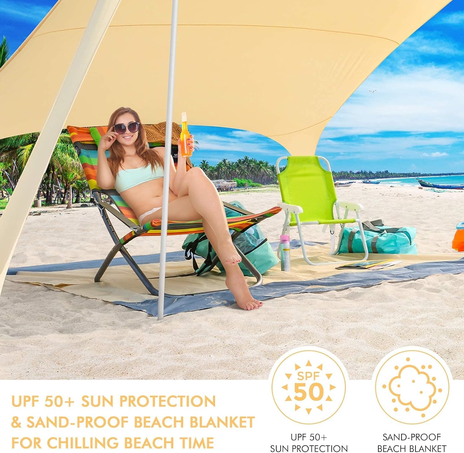 Beach StrandZelt mit Picknickdecke und Sandsack Anchor, Strandmuschel Sonnenschutz Zelt für Strand mit UV-Schutz UPF 50+ (Beige)